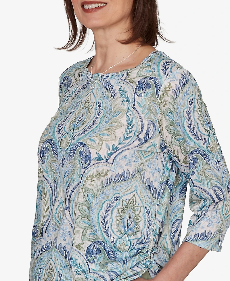 Alfred Dunner Petite Indigo Girls Medallion Print Braided Neck Top
