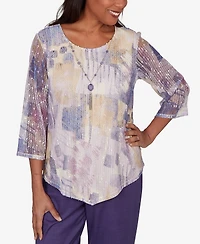 Alfred Dunner Petite Grand Bazaar Stained Glass Mesh Top with Necklace