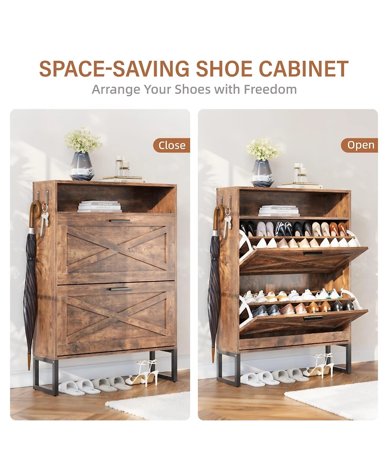 Farmhouse 2-Tier Flip Drawer Shoe Storage Cabinet with Hooks