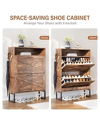 Farmhouse 2-Tier Flip Drawer Shoe Storage Cabinet with Hooks
