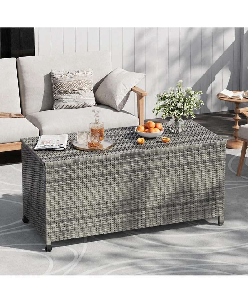 homfan Large Outdoor Storage Box with Wheels and Handles Waterproof Pe Rattan Deck Chest Spacious Weatherproof Bin for Garden, Balcony, Porch