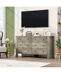 homfan Wide 6 Drawer Dresser for Bedroom - Modern Wooden Chest with Deep Storage Drawers, Metal Knobs Ideal Kids Room, Entryway, Hallway
