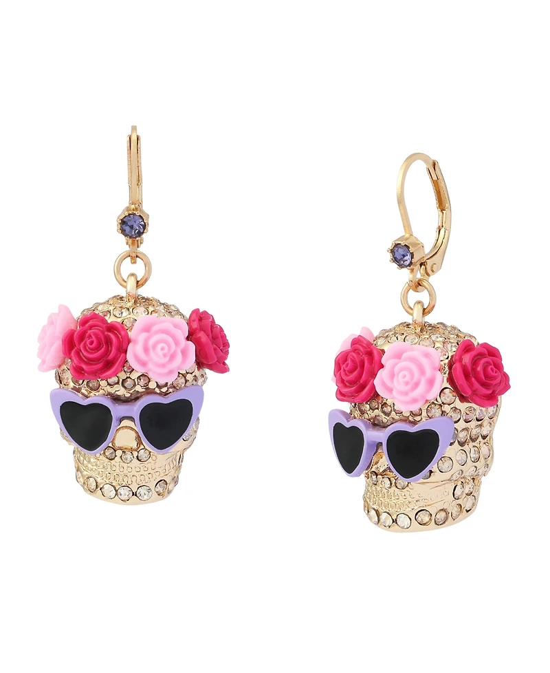 Betsey Johnson Faux Stone Spooky Summer Flower Crown Skull Drop Earrings