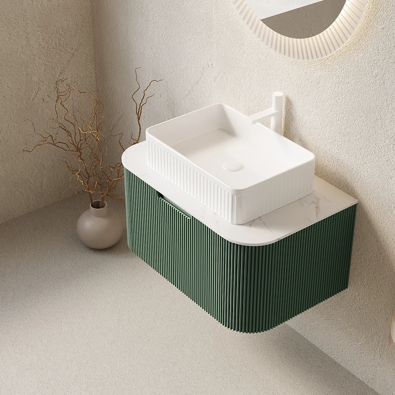Sillysis Light Green Wall Mounted Bathroom Vanity with Ceramic Sink, Plywood Cabinet, Soft Close Striped Drawer, Pre-assembled