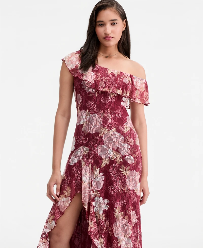 Trixxi Juniors' Floral Print Lace One-Shoulder Midi Dress