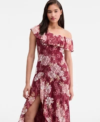 Trixxi Juniors' Floral Print Lace One-Shoulder Midi Dress