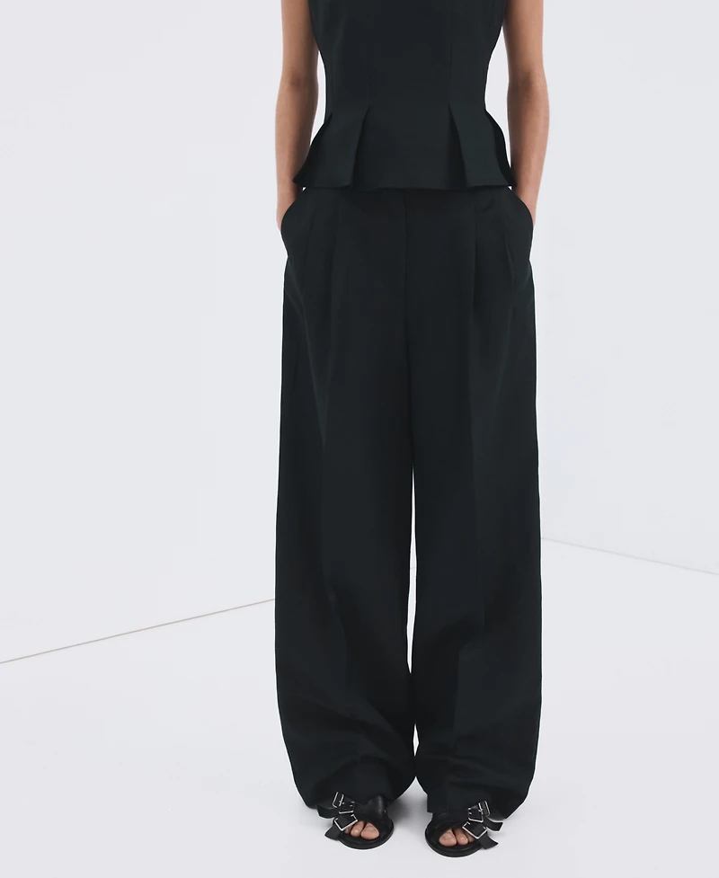 Mango Women's Straight-Fit Pleated Linen Pants