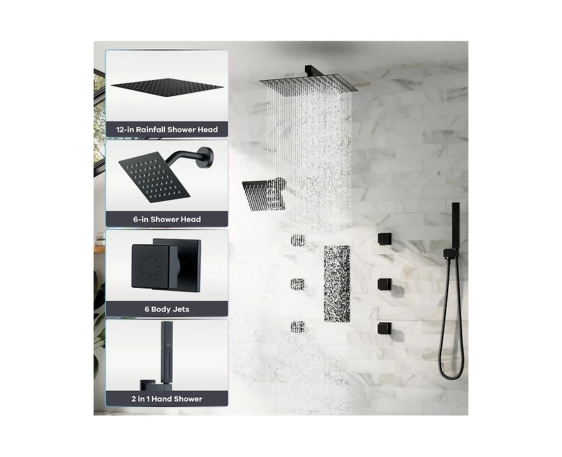 Casainc Rainfall Symphony 4-Function 12inch Dual Shower Head Pressure-Balanced Shower System with Bathtub Spout