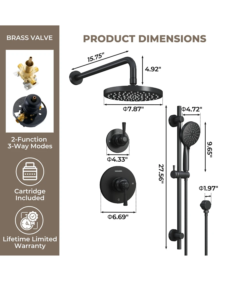 Casainc Modern 2-Function Shower System with Rainfall Head & 3-Mode Handheld,Adjustable Slide Bar
