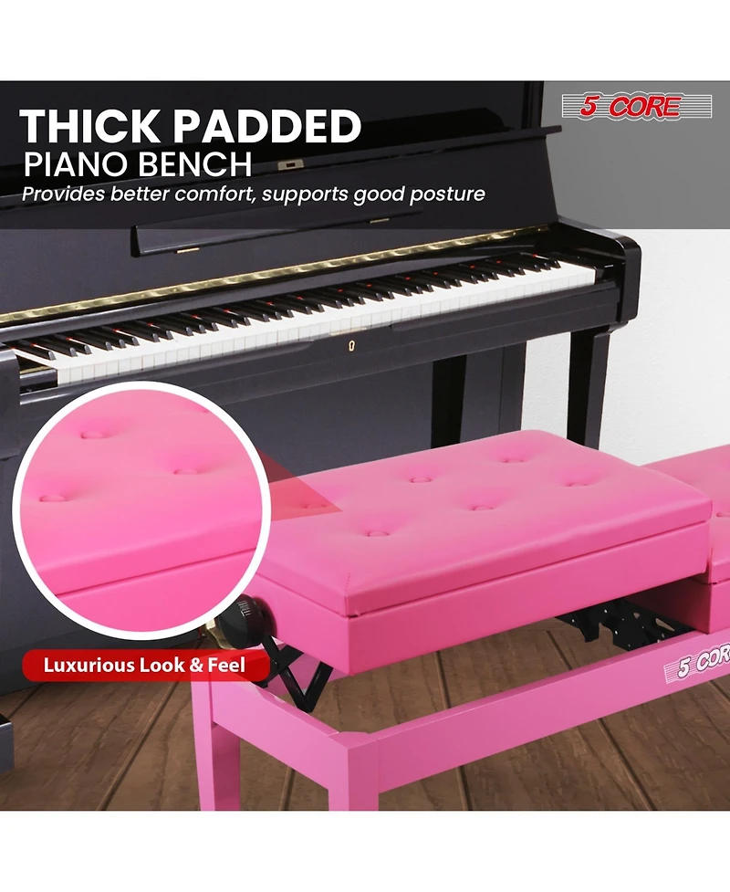 5 Core Duet Piano Bench 3.5 Inch Padded Cushioned Stool Wooden Heavy Duty Musician Chair w Storage
