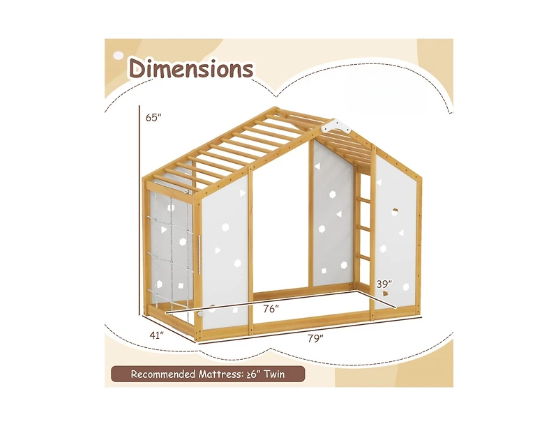 Slickblue Twin Floor Bed with Monkey Bars Montessori Climbing Bed