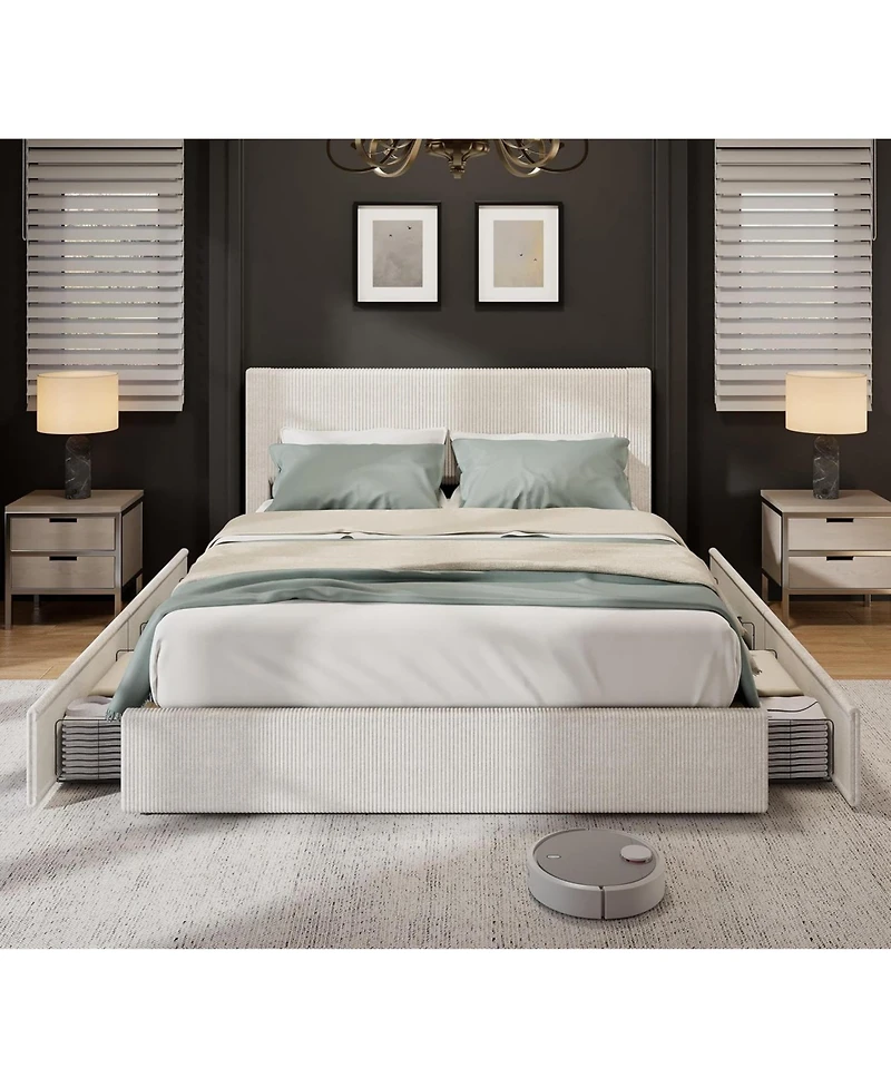 gaomon Platform Bed with 4 Storage Drawers, Upholstered Corduroy Channel Tufted Headboard Frame Strong Wooden Slat Support