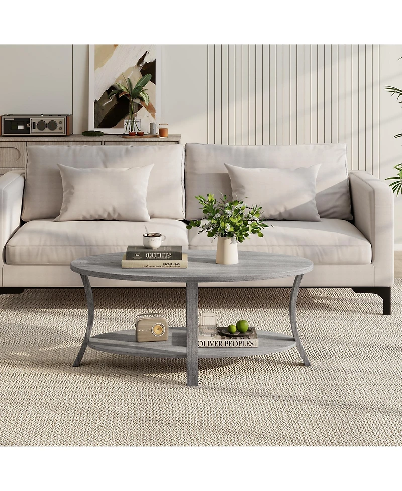Gymax 2-Tier Oval Coffee Table with Storage Shelf Rubber Wood Accent Tea Table