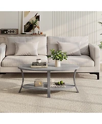 Gymax 2-Tier Oval Coffee Table with Storage Shelf Rubber Wood Accent Tea Table