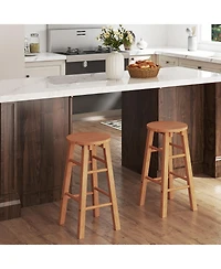 Gymax Set of 2 Outdoor Wood Bar Stools with Round Seat Footrest