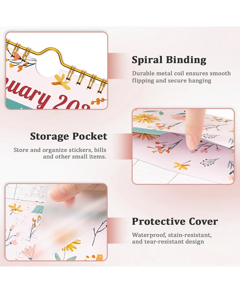Gnuadz Wall Calendar 2026-2027 Storage Pocket Monthly Planner Stickers Artistic Floral