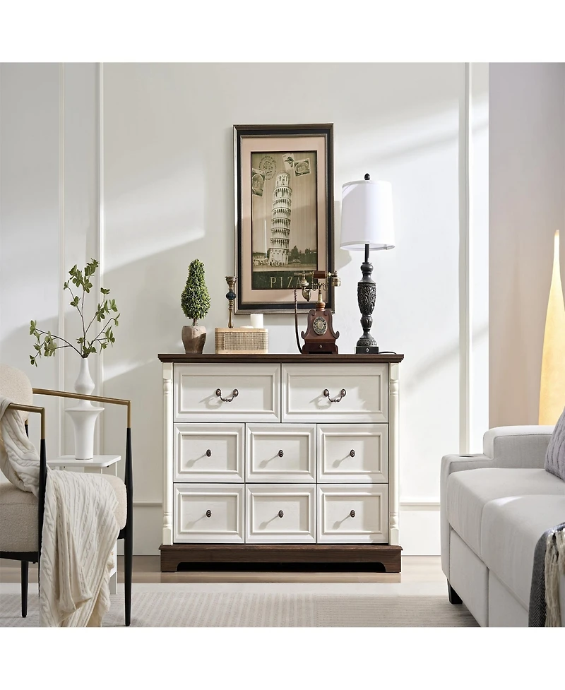 Clihome 8 Drawer Dresser Chest with Wooden Base, Wooden Rustic Chest of Drawers, Storage Dresser