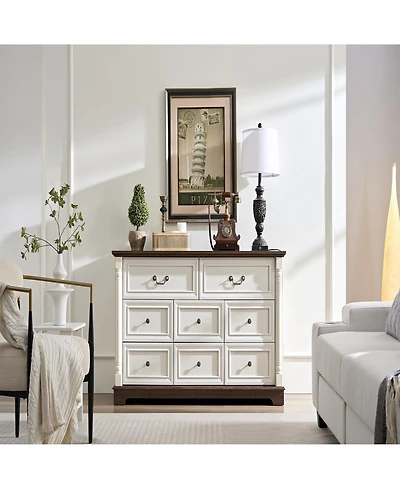 Clihome 8 Drawer Dresser Chest with Wooden Base, Wooden Rustic Chest of Drawers, Storage Dresser