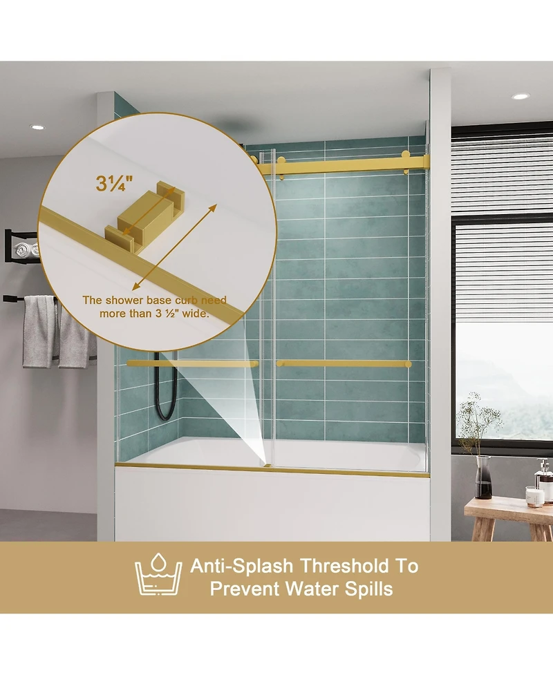 Lovmor Frameless Bathtub Shower Doors 56-60 W x 60 H, Double Sliding Tub Shower Door with Tempered Glass 5/16"(8mm), Brushed Gold