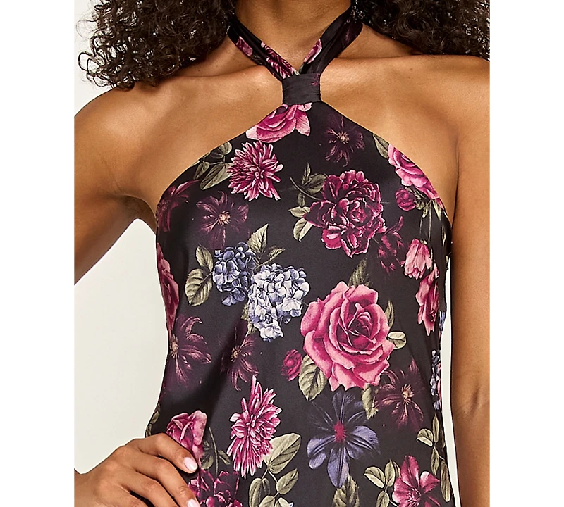 Seni & Cade Juniors' Fringe Hem Floral Halter Neck Dress
