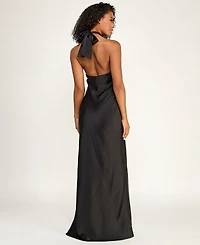 Seni & Cade Juniors' Asymmetrical Drape Waist Halter Neck Gown