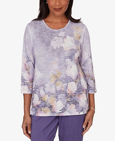 Alfred Dunner Women's Grand Bazaar Amethyst Floral Top