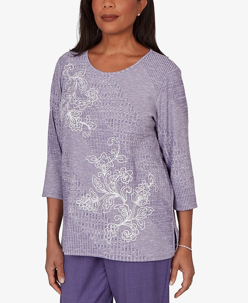 Alfred Dunner Women's Grand Bazaar Embroidered Diagonal Textured Knit Top