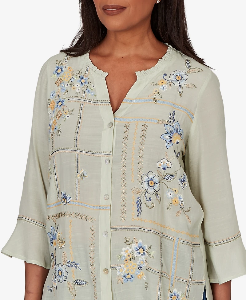 Alfred Dunner Women's Indigo Girls Floral Embroidered Squares Button-Front Top