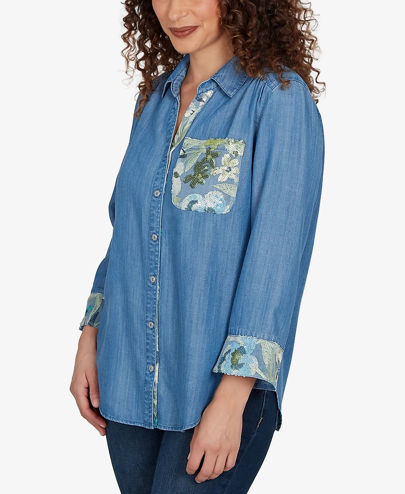 Alfred Dunner Women's Indigo Girls Soft Denim Sequined Button-Front Top