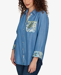 Alfred Dunner Women's Indigo Girls Soft Denim Sequined Button-Front Top