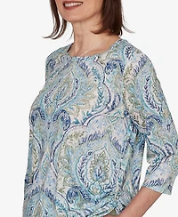 Alfred Dunner Women's Indigo Girls Medallion Print Braided Neck Top