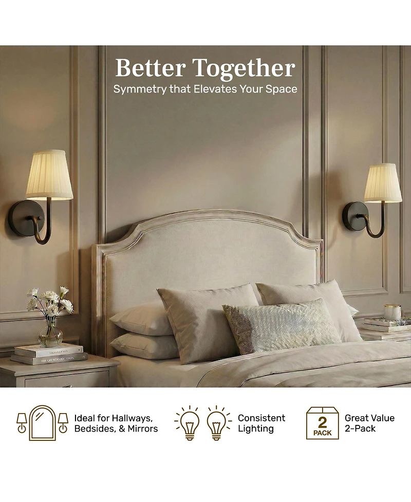 Bell + Howell Set of 2 Folded Pleat Shade Dimmable Led Rechargeable Cordless Touch Control Lights Wall Sconces