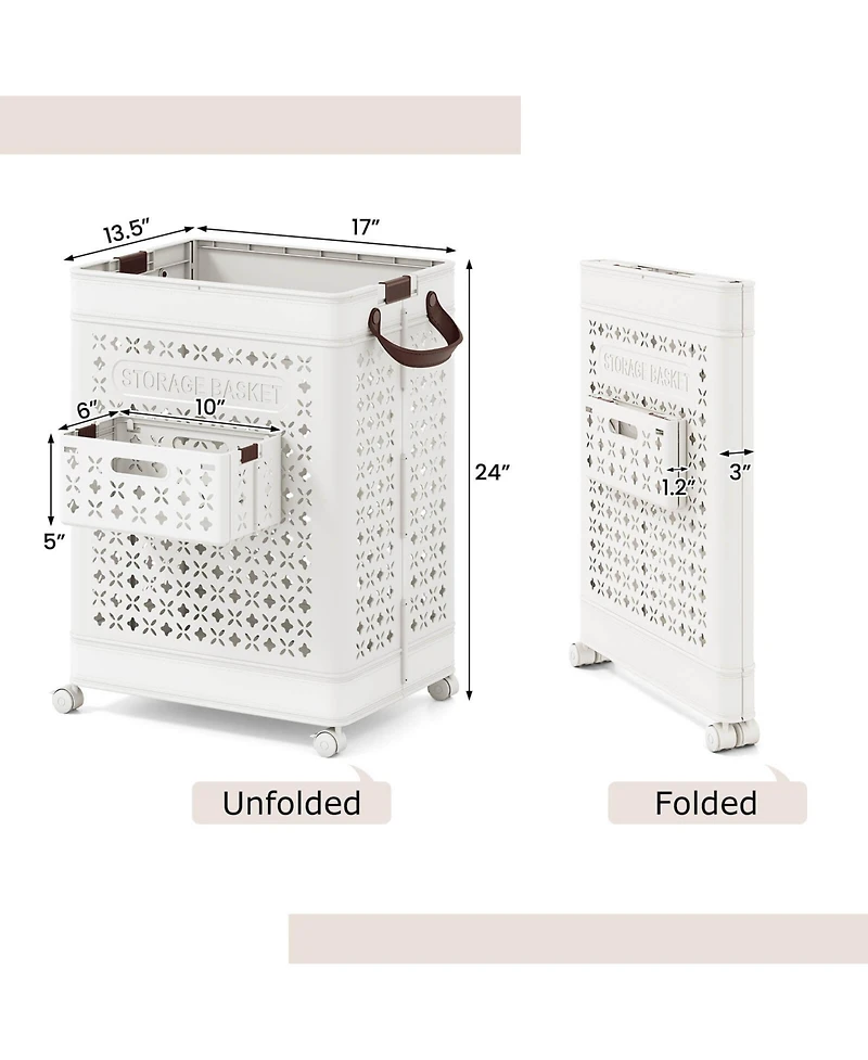 Costway Collapsible Laundry Basket Movable Laundry Cart with Side Basket, Lockable Wheels
