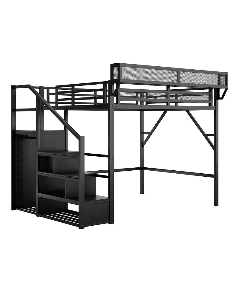 Streamdale Furniture Full Size Metal Loft Bed with Stairs, Storage Shelves, and Wardrobe