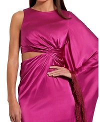 Mac Duggal Women's Charmeuse Kaftan Sleeve Assymetrical Fringe Gown