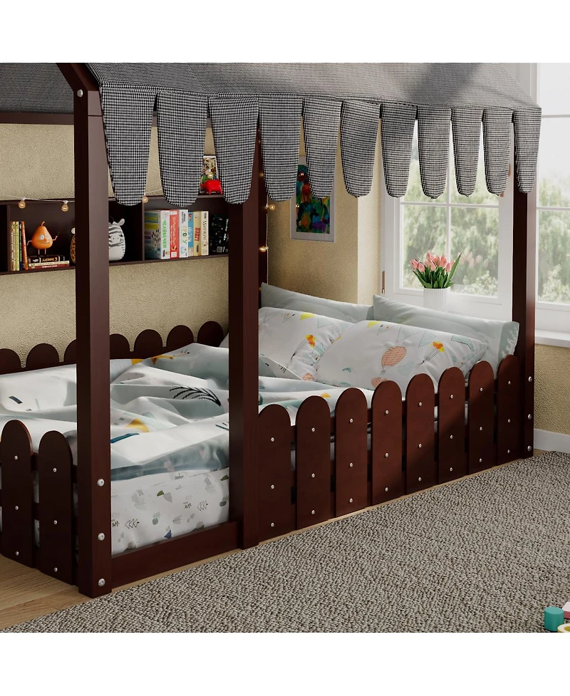 Streamdale Furniture Full Size Montessori House Bed with Fence, Storage and Lights