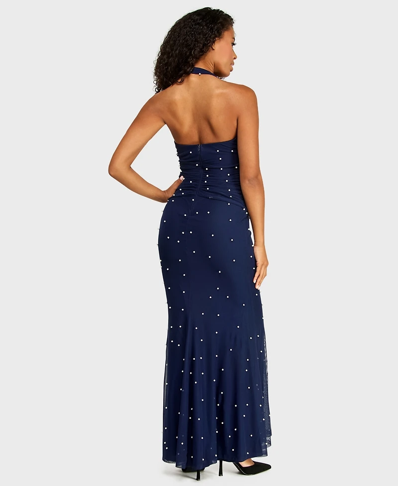 B Darlin Juniors' Halter Mesh with Pearls Gown Ruched Bodice