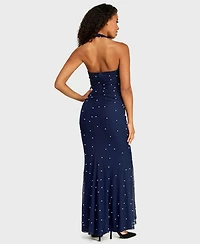 B Darlin Juniors' Halter Mesh with Pearls Gown Ruched Bodice