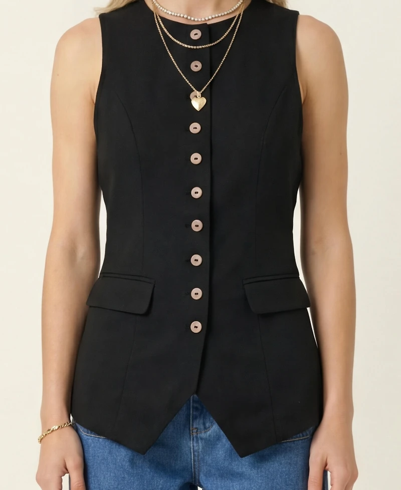 Modenaire Women's Longline Button Front Flap Pocket Vest