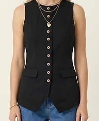 Modenaire Women's Longline Button Front Flap Pocket Vest