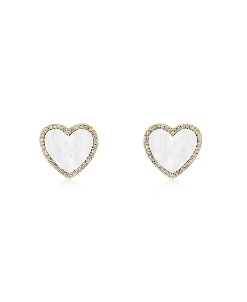The Lovery Large Mother of Pearl Cz Halo Heart Stud Earrings 14K Gold-Plated Sterling Silver