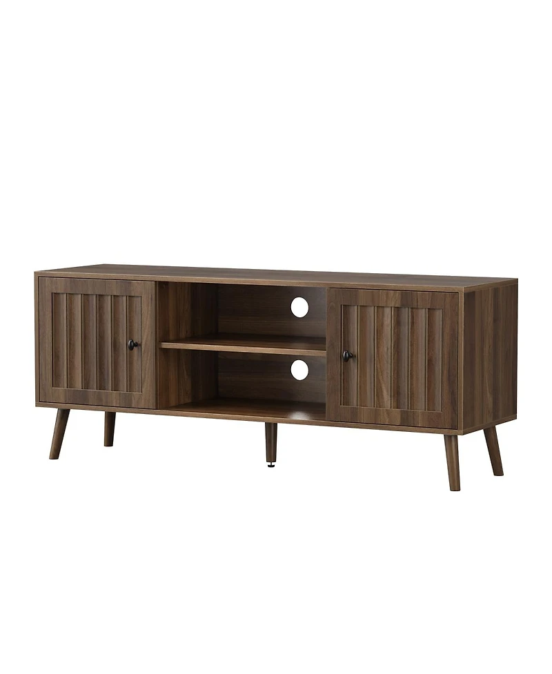 Streamdale Furniture 55-inch Wooden Tv Cabinet with 2 Grooved Doors and Adjustable Shelves - Walnut