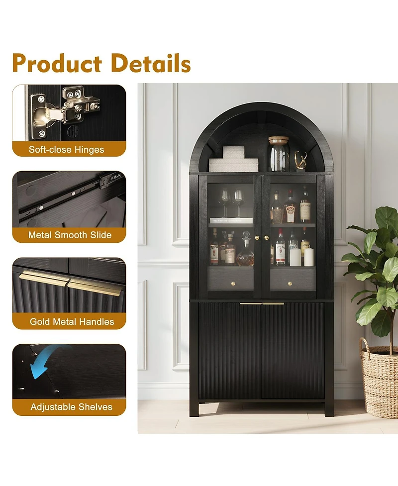 Streamdale Furniture 71" Fluted Arched Pantry Cabinet with Adjustable Shelves and Glass Door