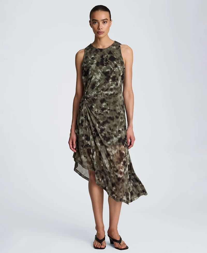 Kenneth Cole Women's Sheer Mesh Overlay Asymmetric Hem Midi Dress