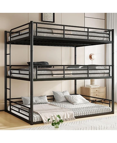 Streamdale Furniture Queen Triple Metal Bunk Bed with Safety Guardrails