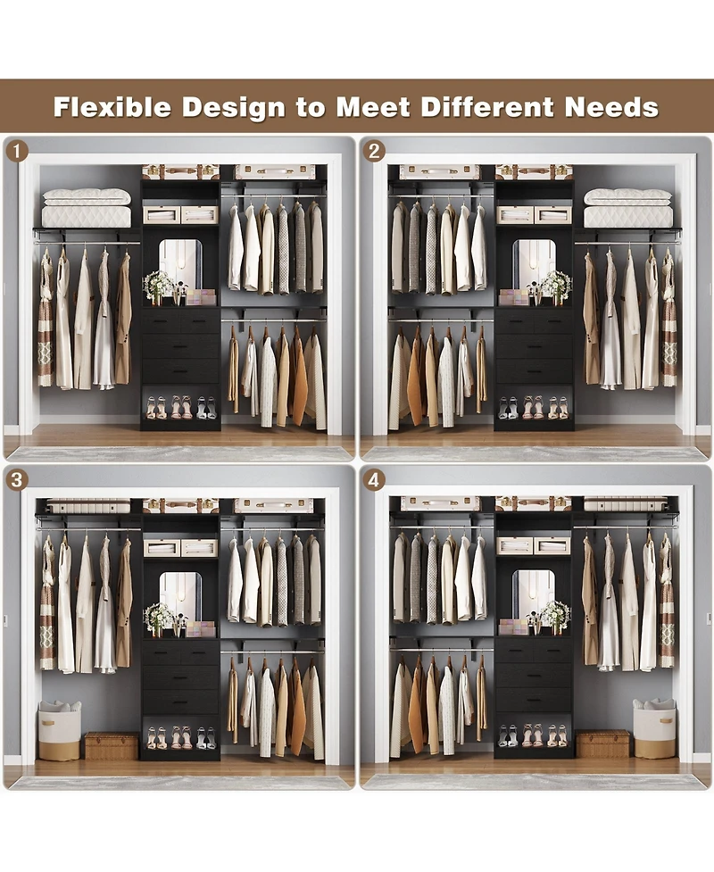 Aheaplus Freestanding Closet System with Hanging Rods and Mirror, Storage Cabinet Drawer Shelves