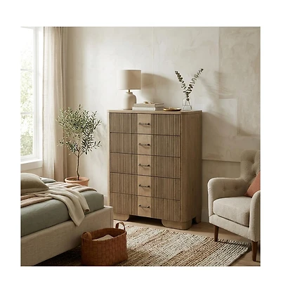 Kings Brand Furniture Sierra White Oak Modern Fluted 5-Drawer Chest