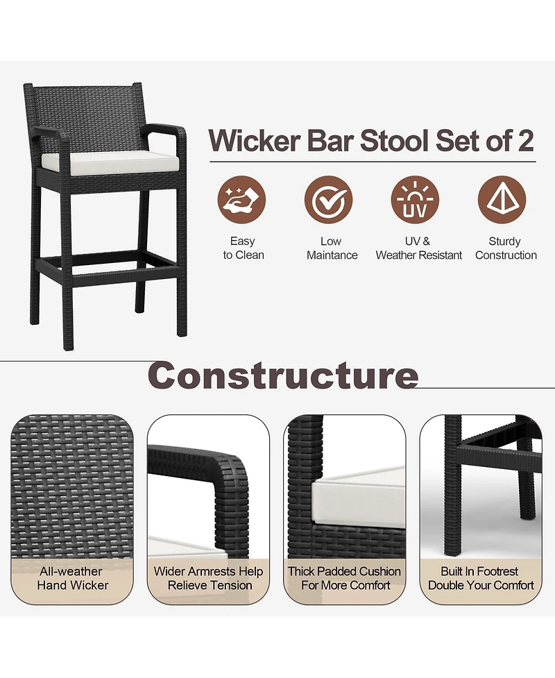homfan Set of 4 All-Weather Wicker Bar Stools, 30 Inch Patio Height Chairs with Cushions, Ideal for Backyard, Pool, Garden and Balcony