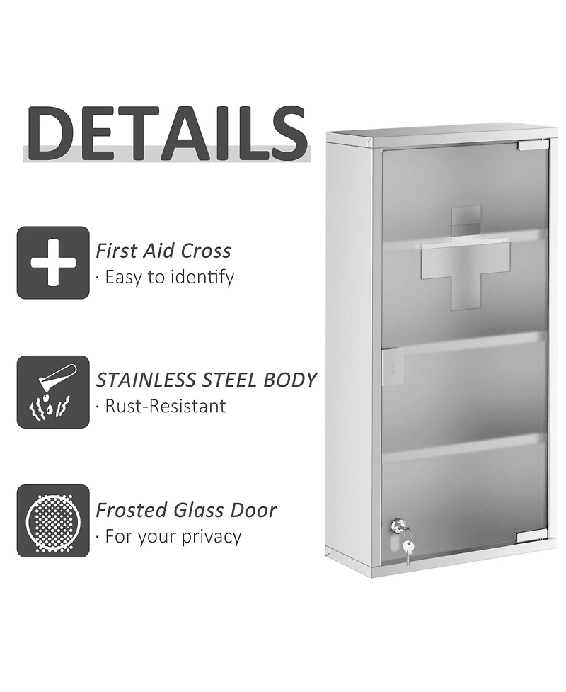 Midola Wall Mounted Medicine Cabinet with 4 Tier Shelves, Stainless Steel Frame and Glass Door, Lockable with 2 Keys for Home