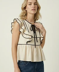 Modenaire Women's Ruffle-Sleeve Contrast-Trim Peplum Top